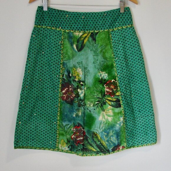 Green Floral Summer Midi Skirt Sequins Beads Cotton Made in France Size Medium - Picture 1 of 13